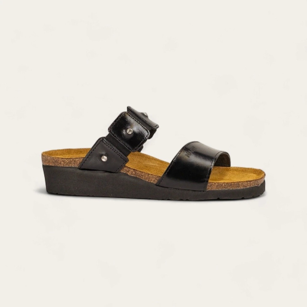 Naot Sandals 11 (42) Black Leather Slide Wedge‎ Comfort Cork Footbed Rhinestone
